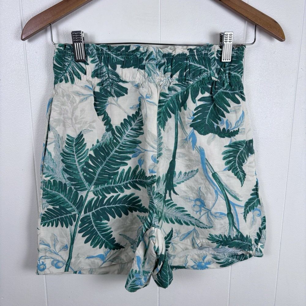 H&M Tropical Linen‎ Blend Pull On Elastic Waist Shorts Loose Fit Pockets XS